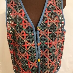 Casey & Max Vintage Vest Denim & Plaid Christmas School Large Blue Red Green